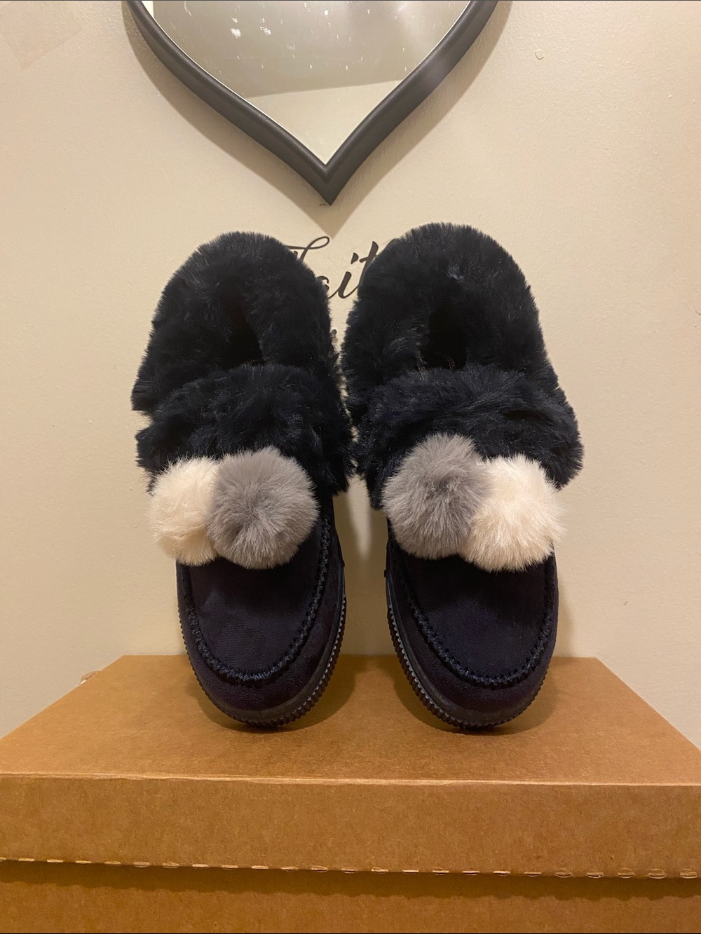 Journee Collection Sunset Faux-Fur Slip-On Pom Pom Shoes in Black SZ8